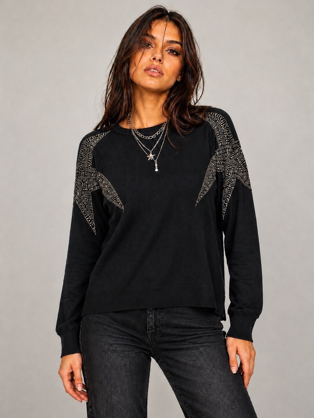 NWT Black Rhinestone Star Sweater Y2K Glam Knit Top